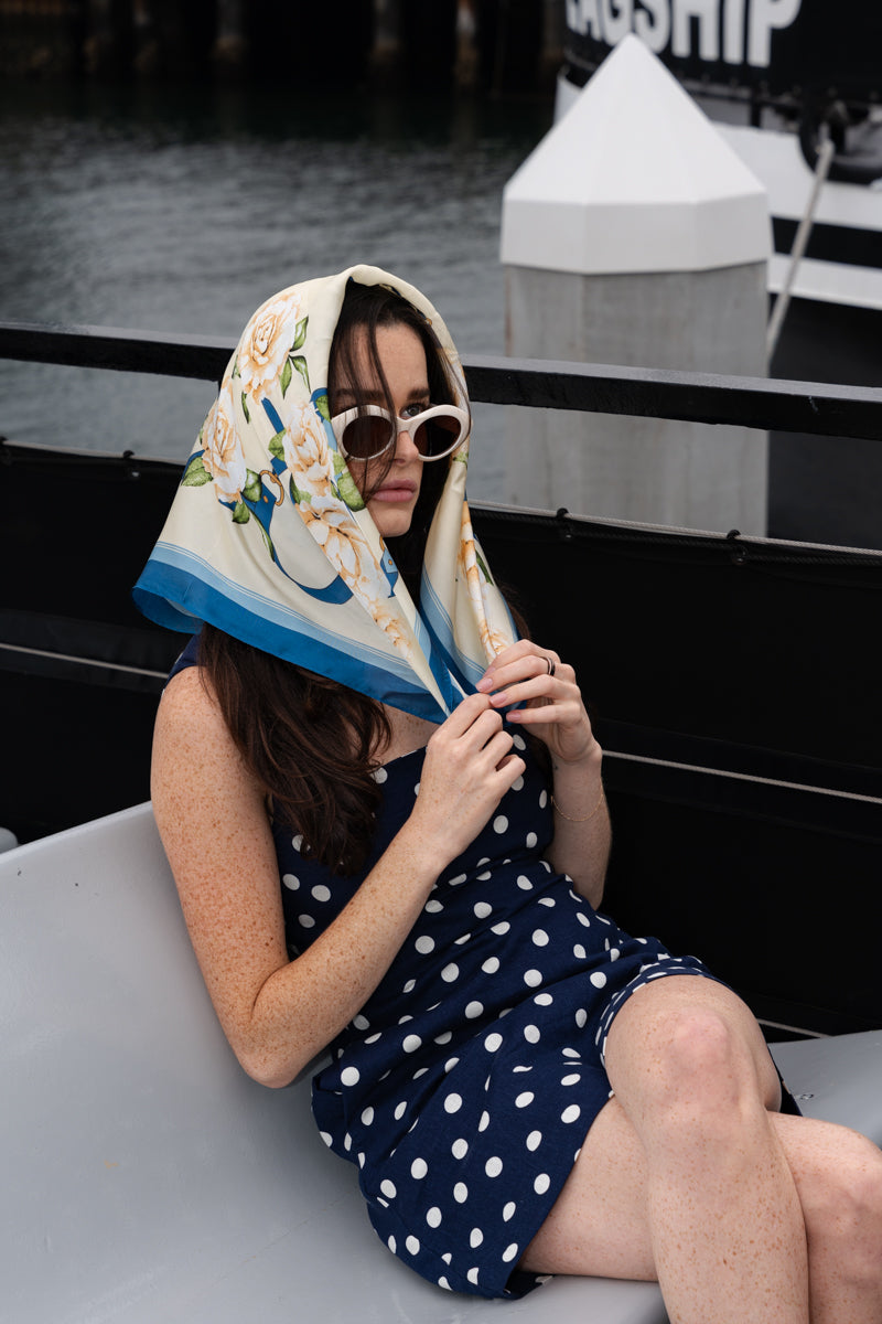 Floral Print Square Petal Print Scarf White Blue