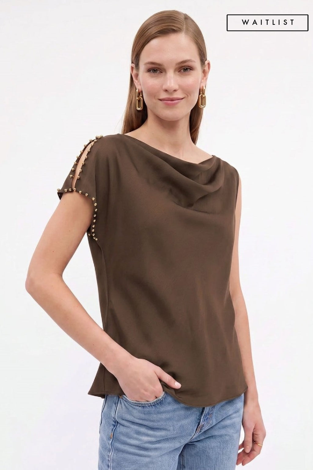 Short Studded Split Sleeve Satin Top Brown