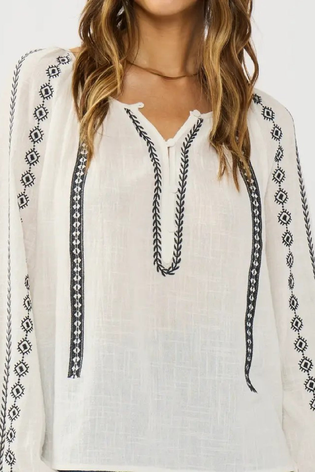 Long Sleeve Button Down Abstract Embroidered Top White