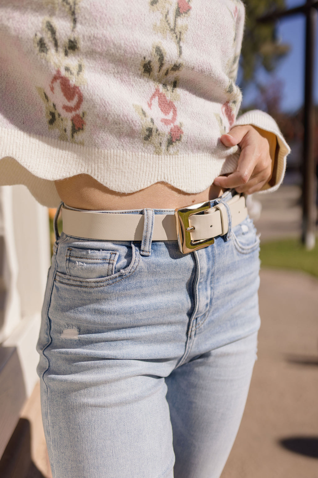Faux Suede Rectangle Buckle Belt White