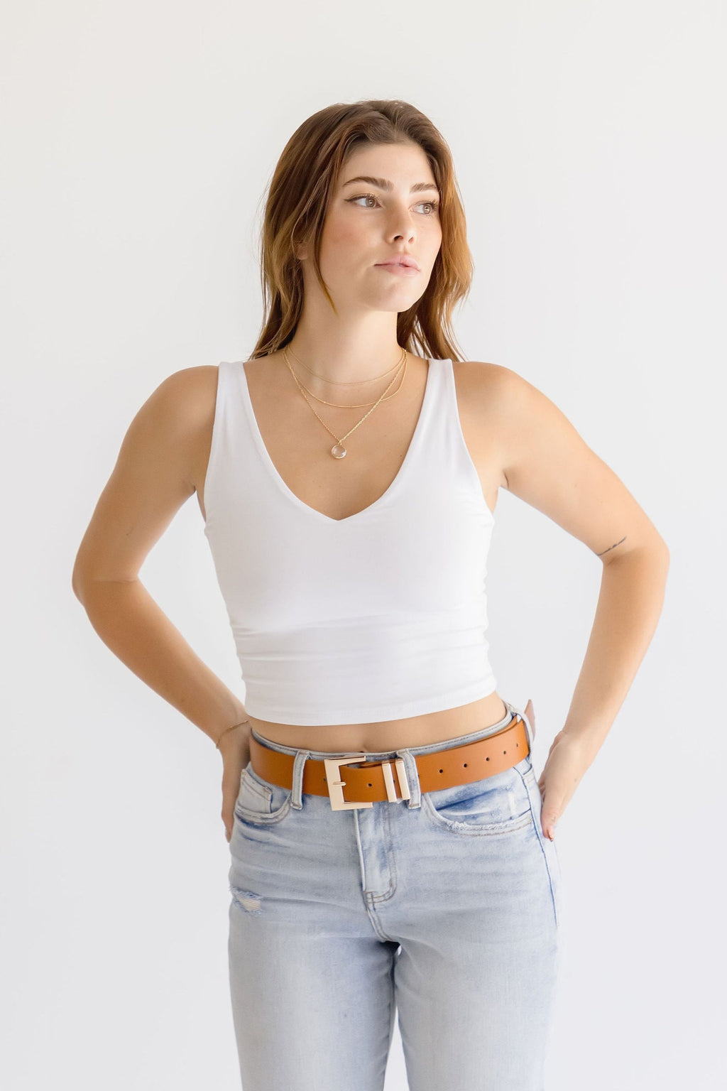 Square Metal Buckle Vegan Leather Belt Cognac