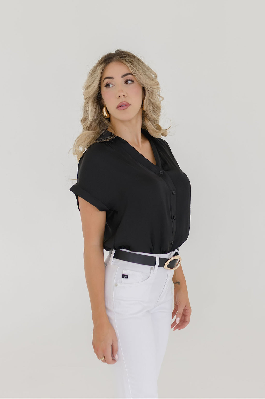 Short Sleeve Button Down Top Black