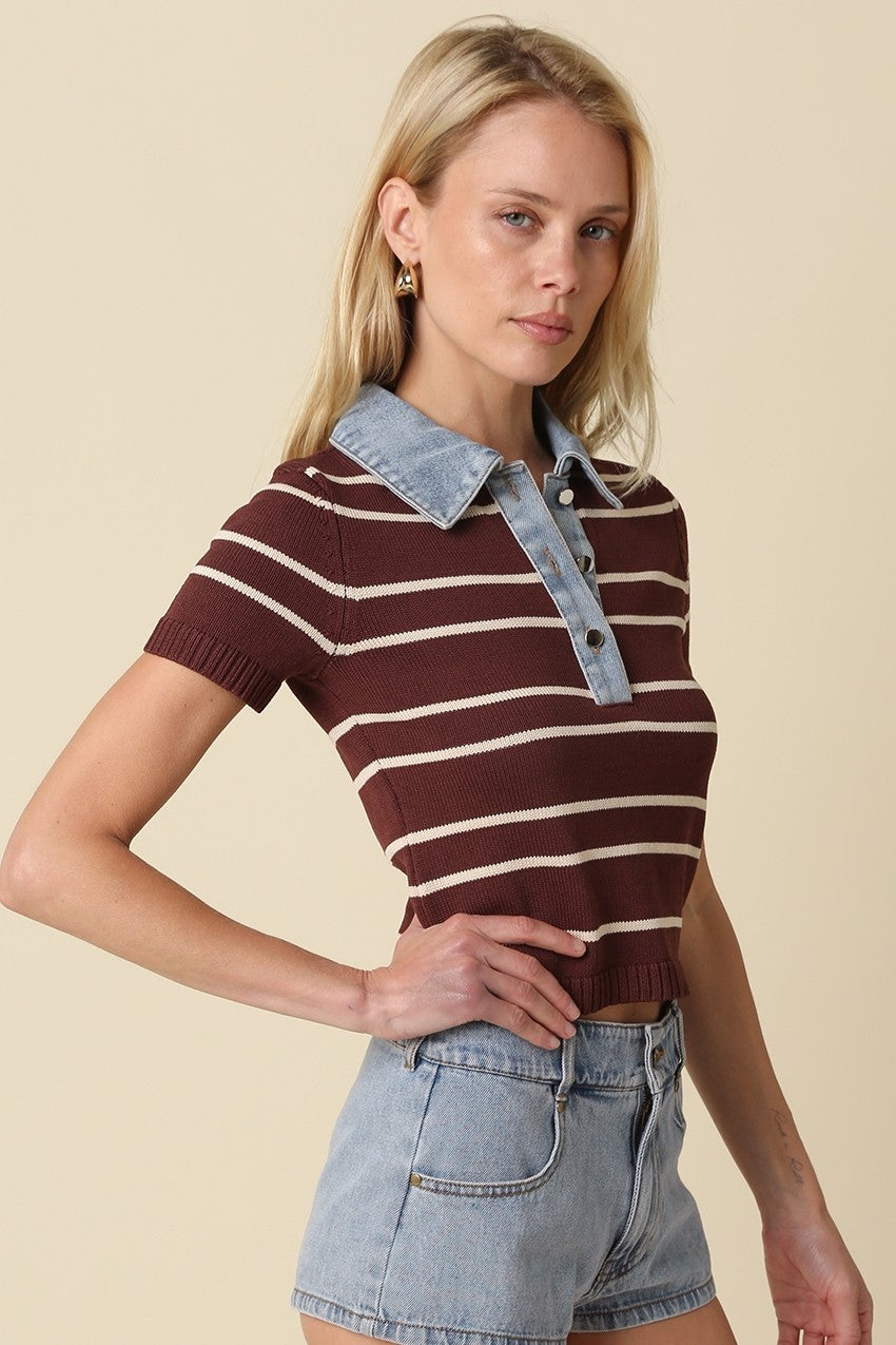 Short Sleeve Button Down Contrast Denim Stripe Print Knit Top Brown