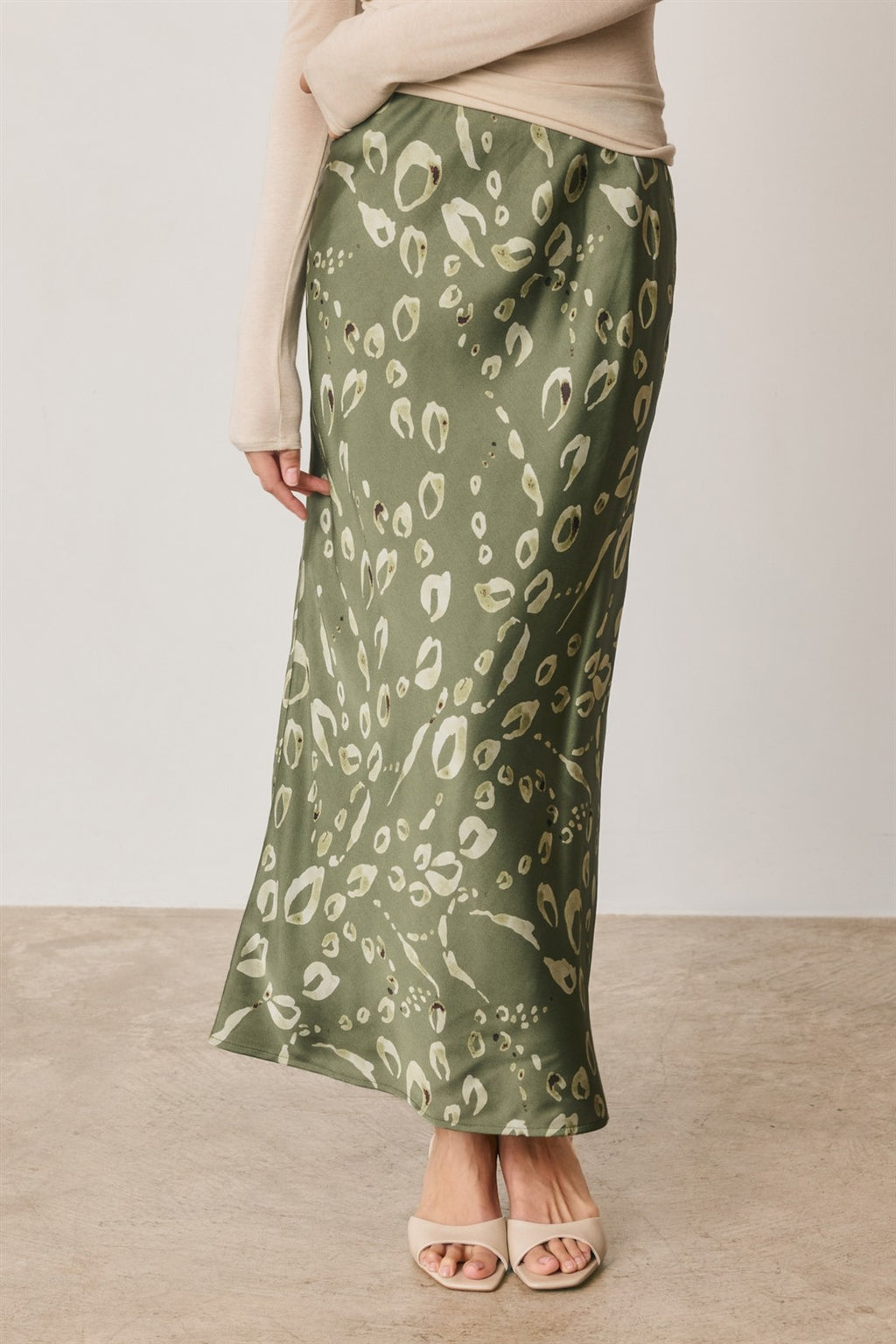 High Waist Animal Print Satin Maxi Skirt Sage