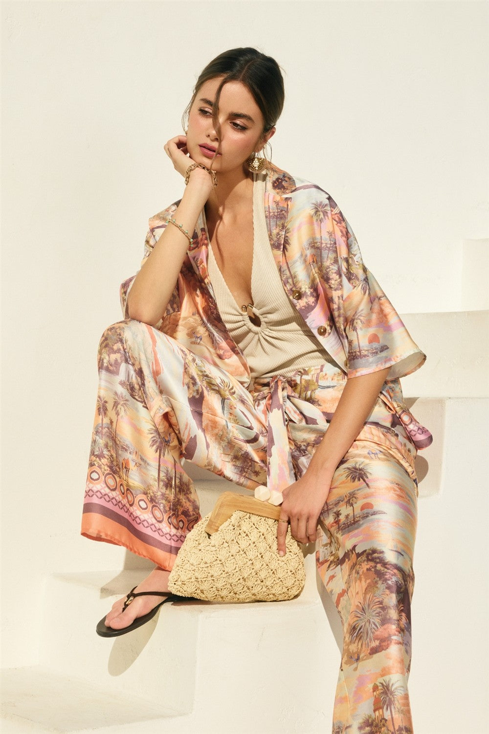 Short Sleeve Button Down Tropical Print Top Cream