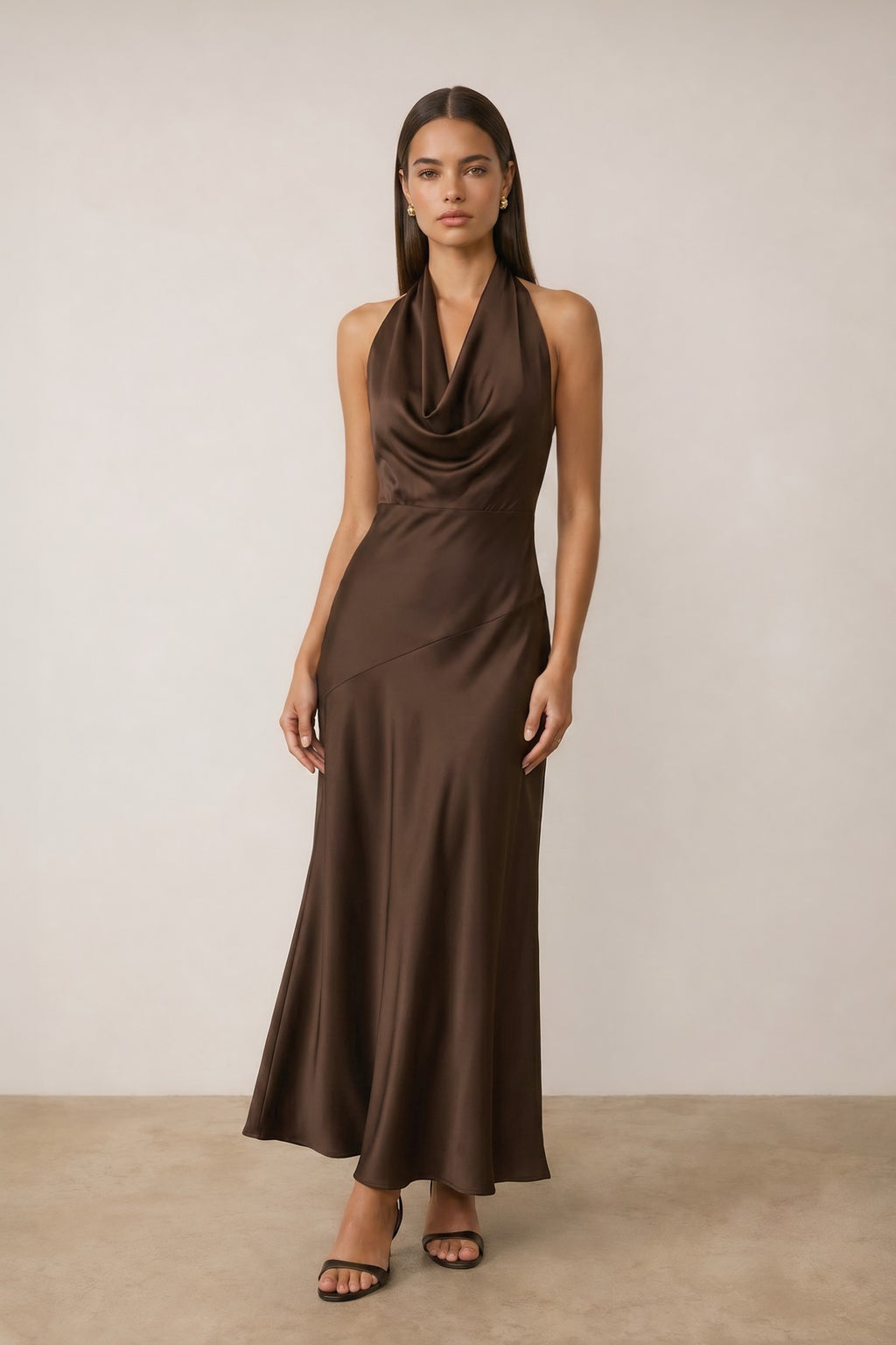 Sleeveless Halter Open Back Satin Maxi Dress Brown