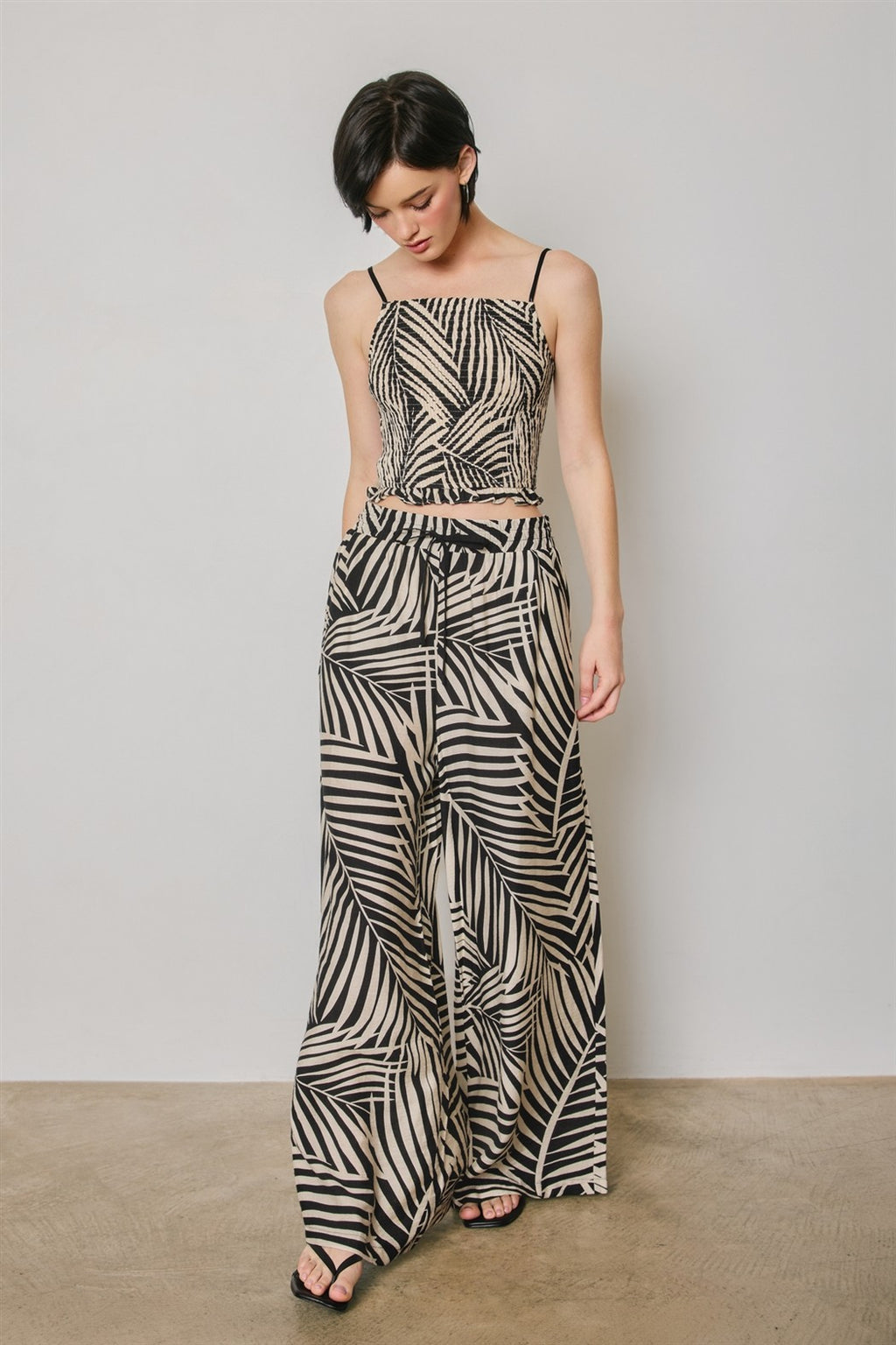 High Waist Tie Wide Leg Leaf Print Pants Black