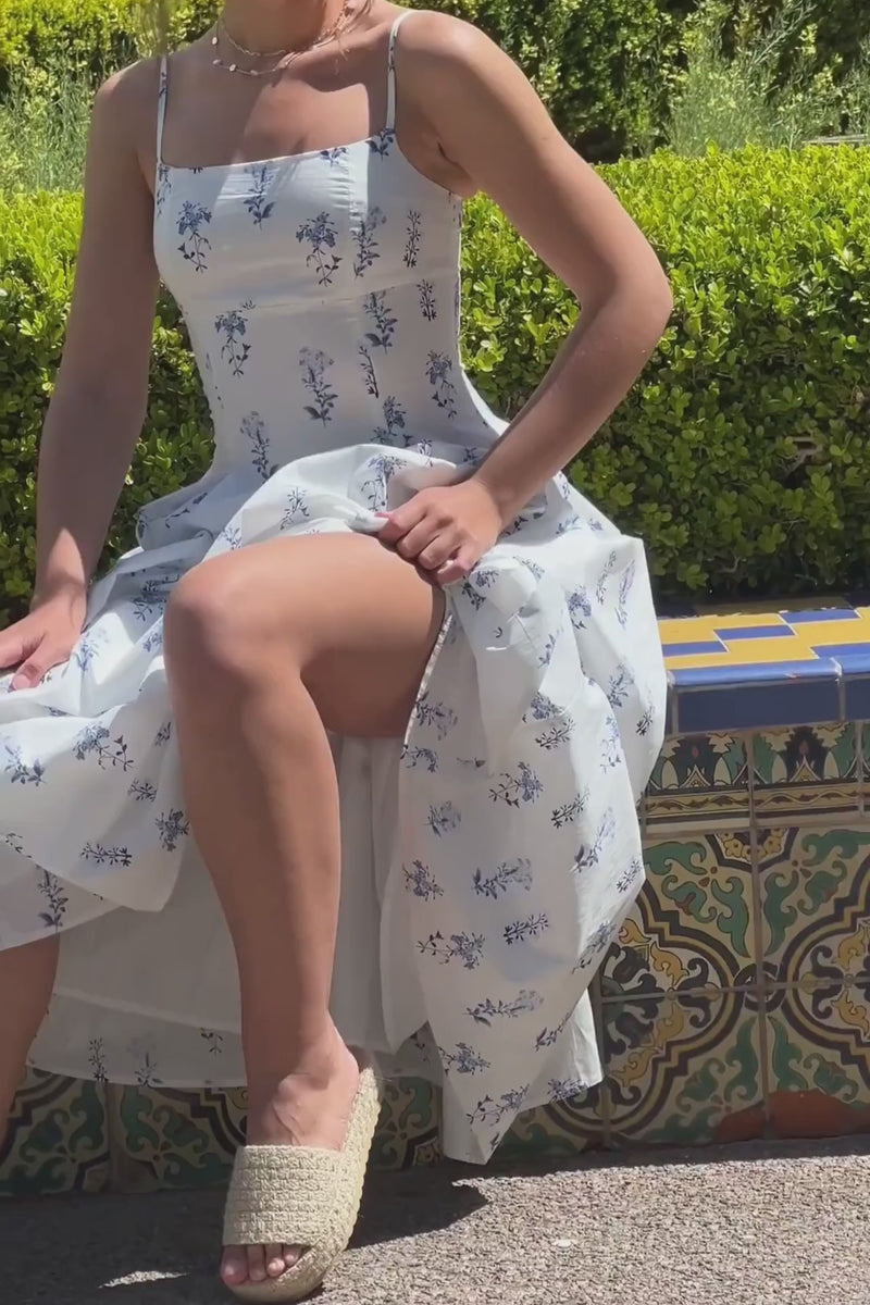 Sleeveless A-Line Floral Print Midi Dress Blue