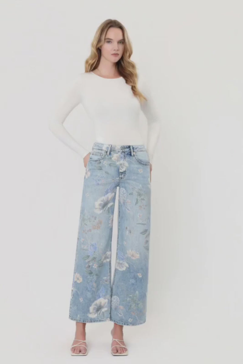High Rise Vintage Floral Wide Leg Jeans Light Wash